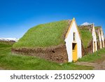 Traditional farm houses covered with turf in the nothern Iceland near city Akureyri