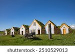 Traditional farm houses covered with turf in the nothern Iceland near city Akureyri