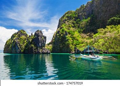 Traditional Filippino Boat In The Sea, Philippines