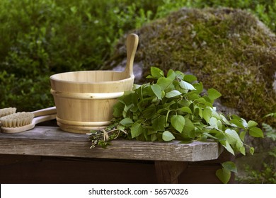 Traditional Finnish Birch Sauna Whisk And Wooden Water Pall