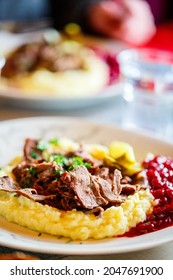 Traditional Finnish Food Sauteed Reindeer With Mashed Potatoes And Lingonberries