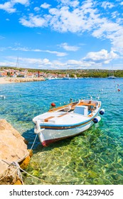 Traditional Fishing Boat On Sea Coast In Primosten Town, Dalmatia, Croatia