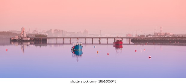 Traditional Fishing Boats During Early Morning In Halifax Harbour, Nova Scotia.