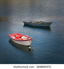 Traditional fishing rowboat in Finisterre harbor, in the Galician coast, Northern Spain	. This rowboat are called "chalana" in Galician language