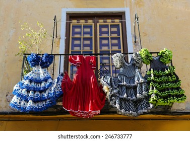 Traditional Flamenco Dresses At A House In Malaga, Andalusia, Spain.