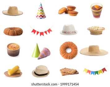 Traditional Food For Festa Junina (June Festival), Hats And Party Decor On White Background