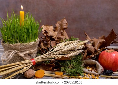 Traditional food for orthodox Christmas eve. Yule log or badnjak, apple, cereals, dried fruit and a burning candle in green wheat on a wooden table. Concept celebration orthodox Christmas.