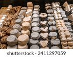 Traditional French cheese sold in Lyon, France