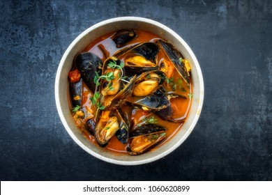 Traditional French Corsican Mussel Stew With Mussels As Top View In A Pot With Copy Space 