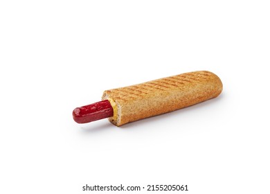 Traditional French Hotdog In Rye Baguette Isolated On White