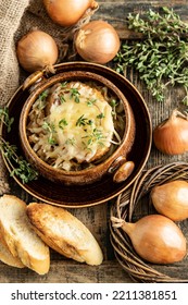 Traditional French Onion Soup, With Croutons,  Cheese, Thyme. Top View