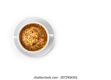 Traditional French Onion Soup Isolated On White Background.Top View. Copy Space