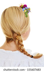 Traditional French Plait With Flowers In Blonde Female Hair