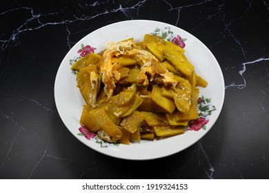 Traditional Fried And Stirred Fresh Sliced Pumpkin Meat With Egg Serving On The Plate. High Fiber And Vitamin Food.