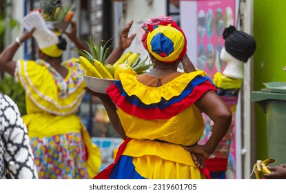 Traditional fruit street vendors in Cartagena de Indias , Colombia