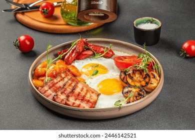 Traditional full English breakfast with fried eggs, sausages, beans, mushrooms, grilled tomatoes and bacon served on grey table. top view. copy space for text. - Powered by Shutterstock