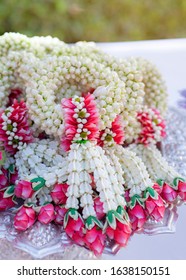 Traditional garland flower in wedding ceramony.Garland is a decorative wreath of flowers can be worn on the head or around the neck or laid in a place of cultural or religious importance