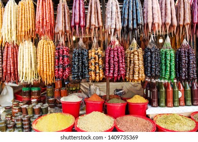 Traditional Georgian Homemade Sweets Churchkhela With Nuts, And Juice. Local Food Market In Tbilisi, Georgia