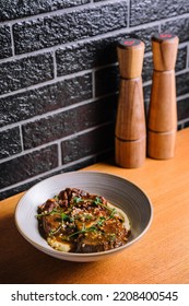 Traditional German Braised Veal Cheeks In Brown Sauce With Mashed Potatoes