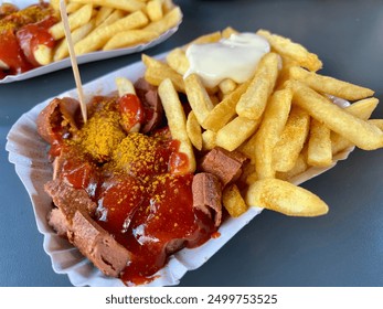 Traditional German currywurst served with a side of crispy French fries, topped with curry ketchup and mayonnaise, offering a savory street food experience in a paper tray. - Powered by Shutterstock