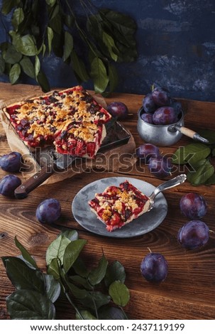 Traditional German Zwetschgenkuchen with sliced plums and crumbles served as close-up on a design plate and a backing sheet 