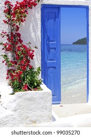 Traditional greek door with a great view on Santorini island, Greece