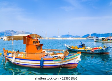 Traditional Greek Fishing Boat In Port Of Sami Village On Kefalonia Island, Greece