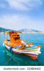 Traditional Greek Fishing Boat In Port Of Sami Village On Kefalonia Island, Greece