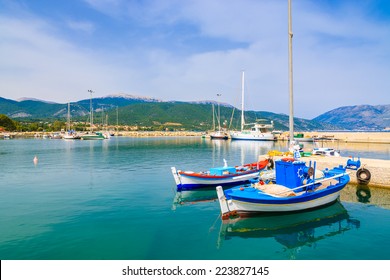 Traditional Greek Fishing Boats In Port Of Sami Village On Kefalonia Island, Greece