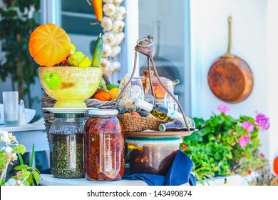 Traditional Greek Food On The Shop Bench In Santorini