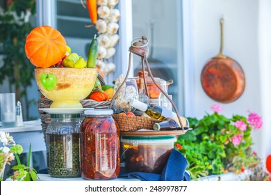 Traditional Greek Food On The Shop Bench In Santorini