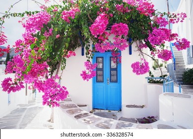 Traditional greek house with flowers in Paros island, Greece.