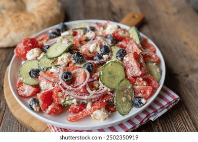 Traditional greek salad with feta cheese, peppers, black olives, cucumber, tomatoes and onions  on a plate on wooden table background. Choriátiki saláta - Powered by Shutterstock