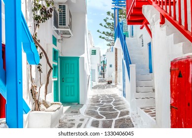 Traditional greek street on Mykonos Island, Cyclades, Greece