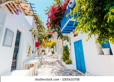 Traditional Greek Street On Paros Island, Greece