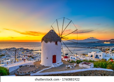 Traditional Greek windmill at sunset in Mykonos island. Greece - Powered by Shutterstock