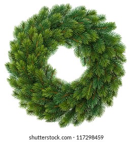 Traditional Green Christmas Wreath Isolated On White Background. Festive Decoration