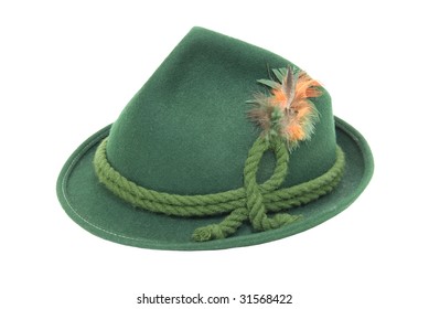 Traditional Green Felt German Alpine Hat With Rope Twists And Bright Feathers - Path Included