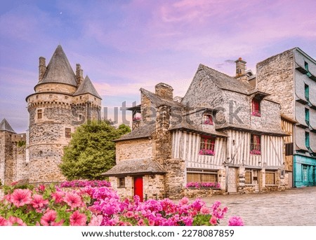 Traditional half-timbered wood houses in historical Old town of Vitré, Brittany, France