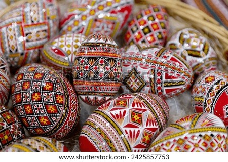 Traditional hand made painted Easter eggs presented at a fair of popular traditions.The eggs are painted with traditional motifs from Bukovina.
