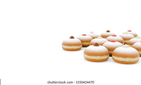 Traditional Hanukkah fried donuts jam, chocolate, vanilla toppings, isolated on white background with space for text. Sweet dessert donut minimalist background. Polish homemade doughnuts, front view. 