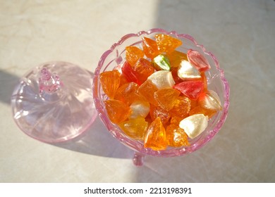 Traditional Hard Candy, Turkish Sweet Candy Ramadan In Glass Sugar Bowl.