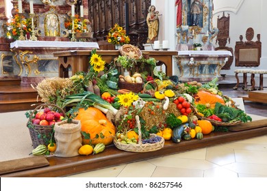Traditional Harvest Festival Altar (Erntedankaltar) at a catholic church in Germany.