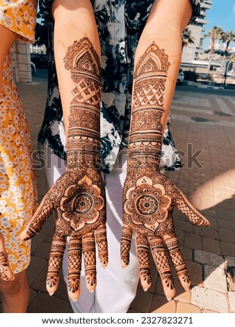 Traditional henna art tattoo on the hands. Bridal mehndi. Indian wedding tradition. 