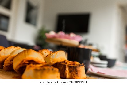 Traditional High Tea With Different Kind Of Cakes And Sweet Treats. Blueberries, Cake, Macarons, Strawberries And More. 