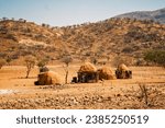 Traditional Himba village with mud and wood huts, north of Opuwo, Kunene Region, Namibia. The Himba are a semi-nomadic remote African tribe and their lives are centered around cattle.