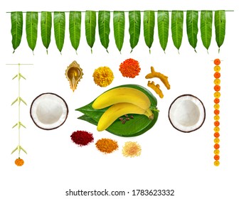 traditional hindu pooja essential items, bannana, betel leaf, betel nuts, coconut, turmeric, kumkum, turmeric sticks, mari gold flower, brass lamp, mango leaf thoranam on white background