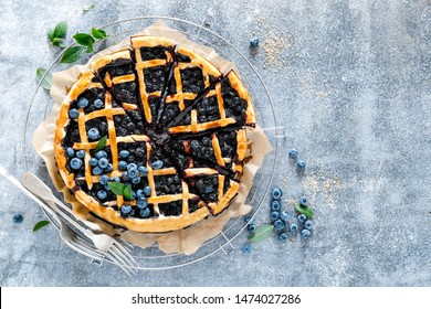 Traditional Homemade American Blueberry Pie With Lattice Pastry, Top View
