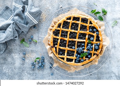 Traditional Homemade American Blueberry Pie With Lattice Pastry, Top View
