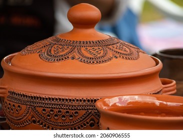 Traditional homemade ceramic pots on traditional crafts fair.